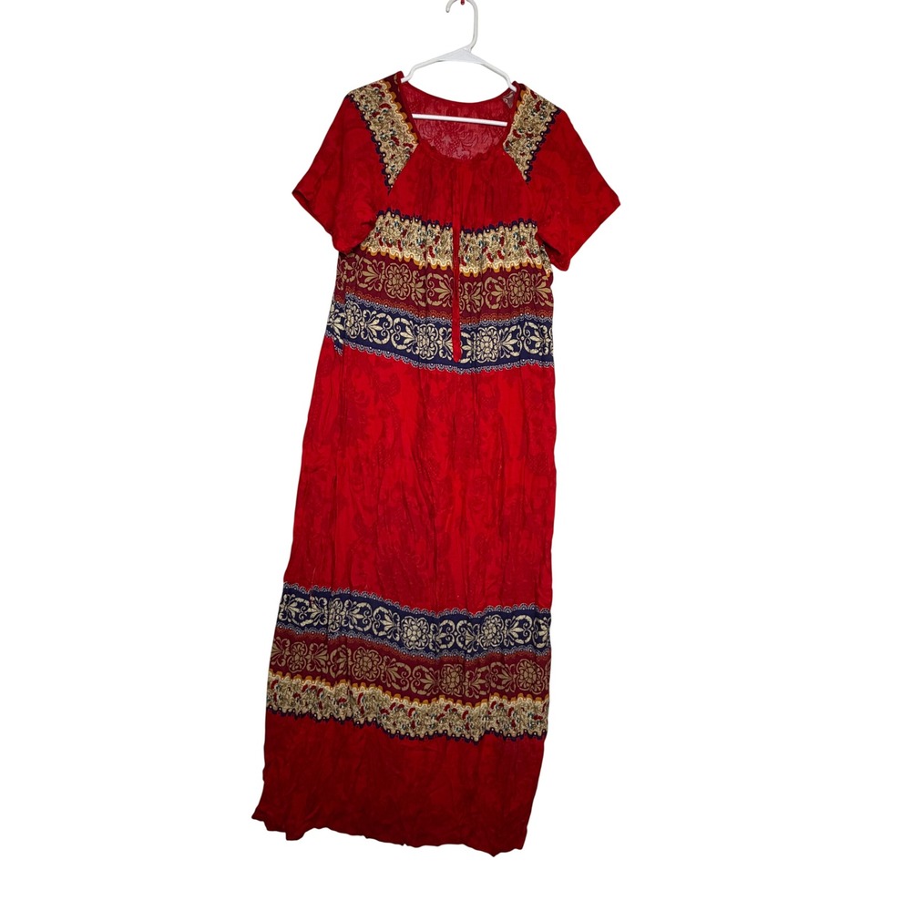 Vintage Style Red Floral Border Print Maxi Dress Short Sleeve Boho‎ Scoop Neck